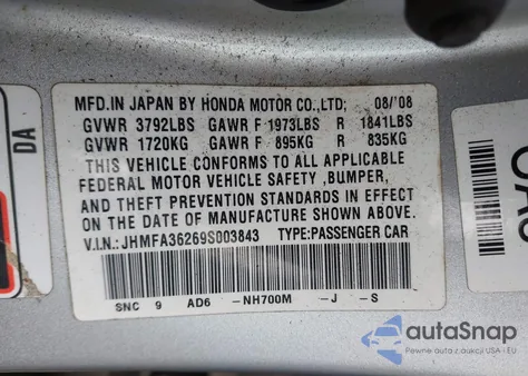 2009 Honda Civic Hybrid z USA, uszkodzony, nr VIN JHMFA36269S003843